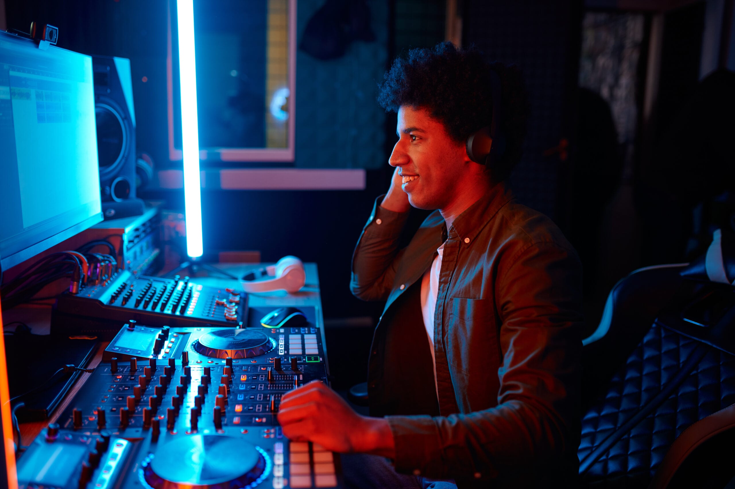 Sound engineer work on sound mixer control panel